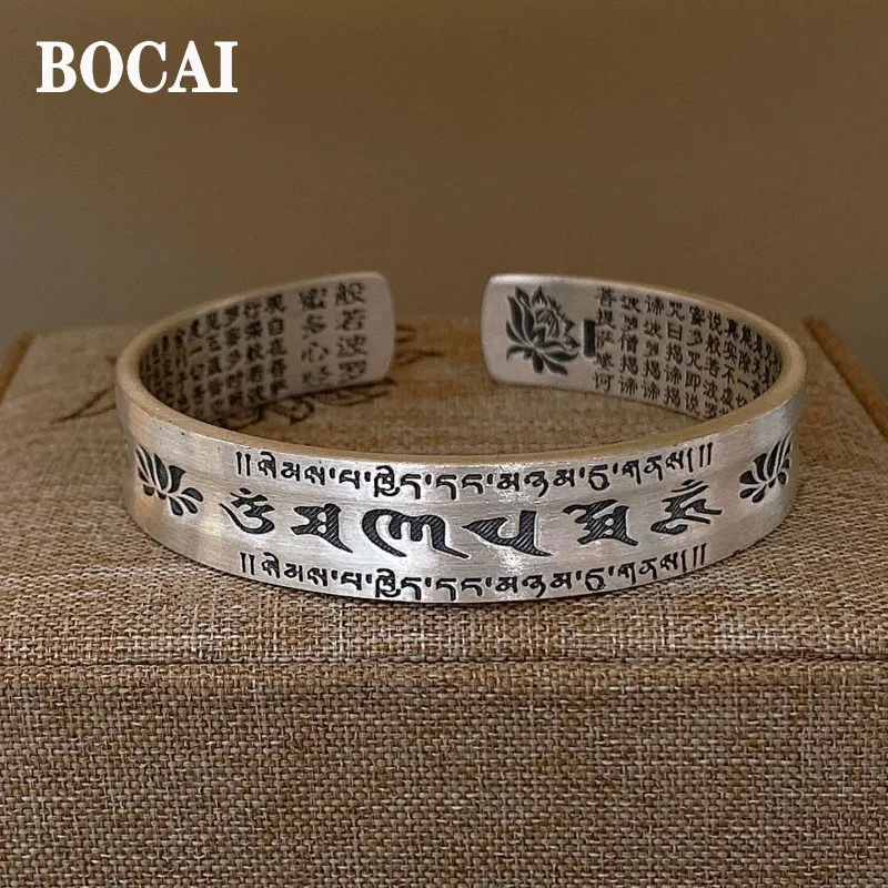 

BOCAI Real S999 Silver Jewelry Retro Buddhism Six-Character Truth Lotus Heart Sutra Ethnic Style Man and Woman Bracelets