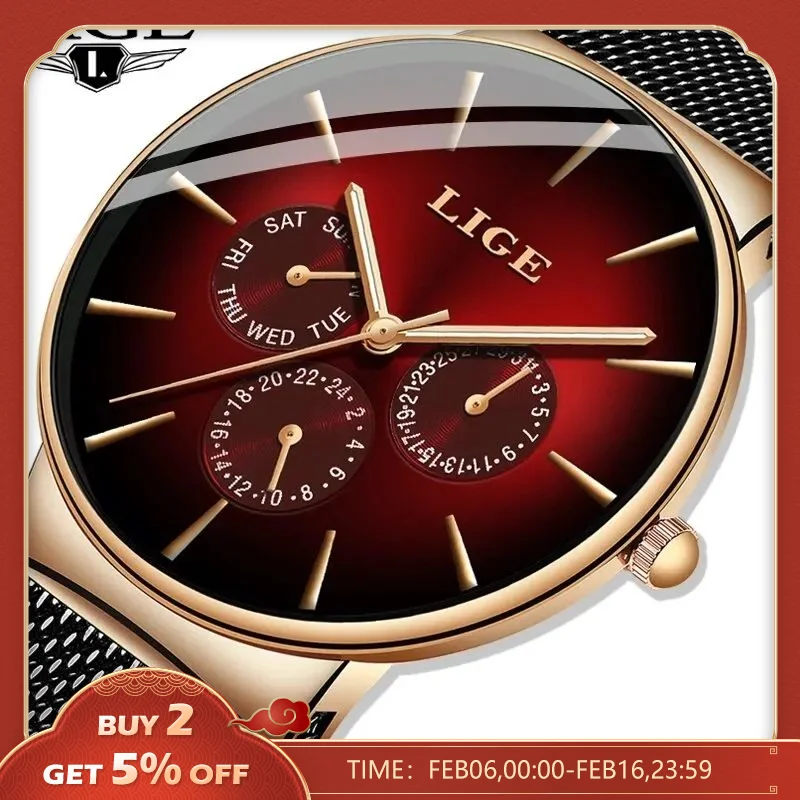 New Lige Fashion Mens Orologi Top Brand Luxury Quartz Watch Men Mesh Steel Impermeabile Orologio Da Polso Ultrasottile Per Uomo Orologio Sportivo