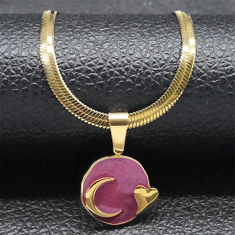 Mond Herz Emaille Lava Anhänger Halskette für Frauen Koreanische Edelstahl Gold Farbe Schlüsselbein Kette Halsketten Schmuck NZZZ397S04 – Detail 7