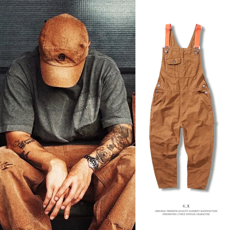 Retro Overalls Mens Casual Bib Cargo Pants Ripped Jeans Loose Trousers Patchwork Jogging Vintage Streetwear