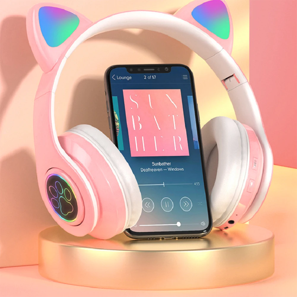 Flash Light Cute Cat Ear Headphones Wireless with Mic Can Close LED Kids Girls Stereo Phone Music Bluetooth Headset Gamer Gift