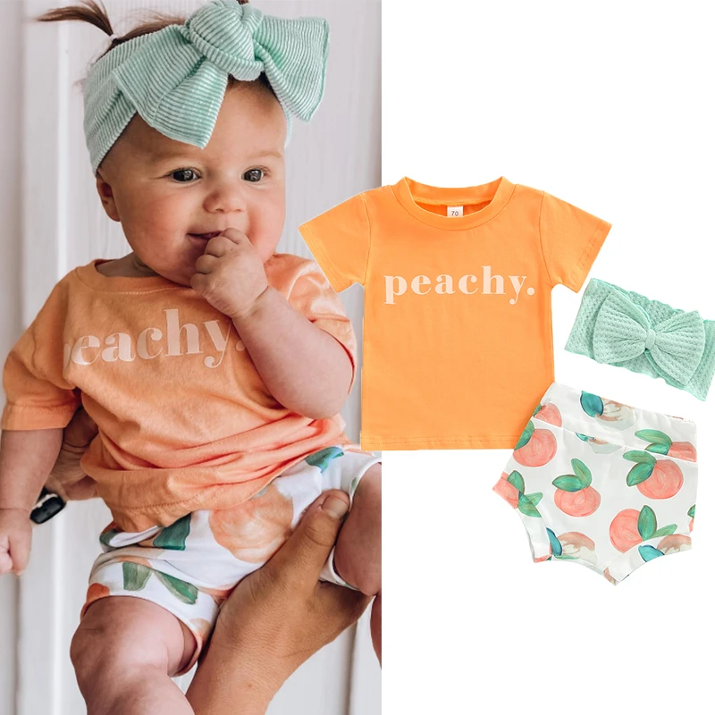 Baby Clothing Set FOCUSNORM 3pcs Baby Girls Boys Cute Clothes Sets 0-24M Letter Short Sleeve T Shirts+ Peach Printed Short Pants with Headband small baby clothing set	