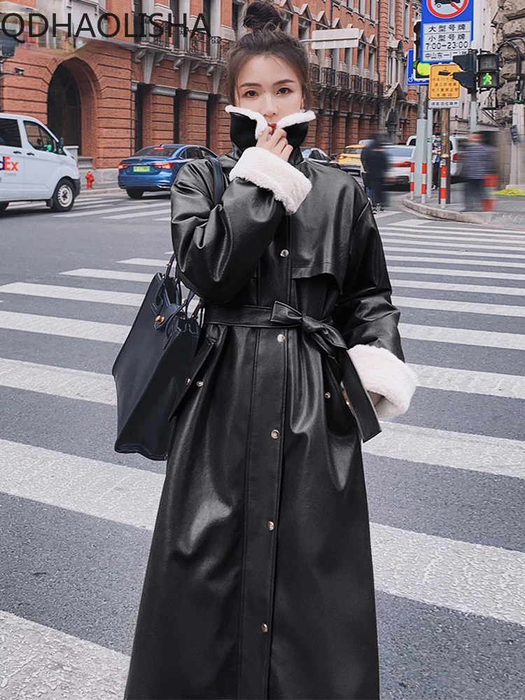 

Winter Faux Leather Jacket Warm Thick Long Trench Coat for Women Faux Fur Inside Belt Loose Korean Fashion 2023 Fur Lined Parkas