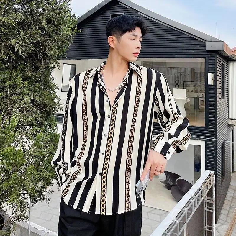 2023 Men's Clothing Straight Turn-down Collar Loose Long Sleeve Button Striped Printing Shirts Spring Summer Thin Casual Korean