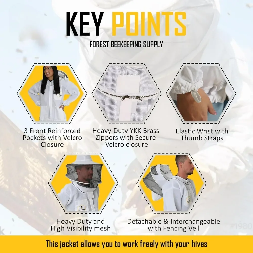 Ventilated Beekeeping Jacket with Round Veil, Heavy Brass Zippers, Lightweight Breathable Airmesh Fabric, Comfortable Protective