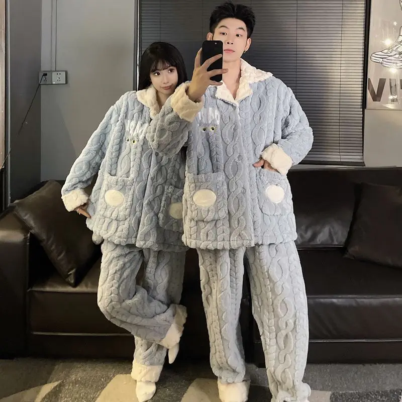 Couple Pajamas for Men Fleece Winter Sleepwear Korean Sleeping Night Wear Patchwork Pijama 2 Pcs Pant Sets Warm Pocket Home Suit