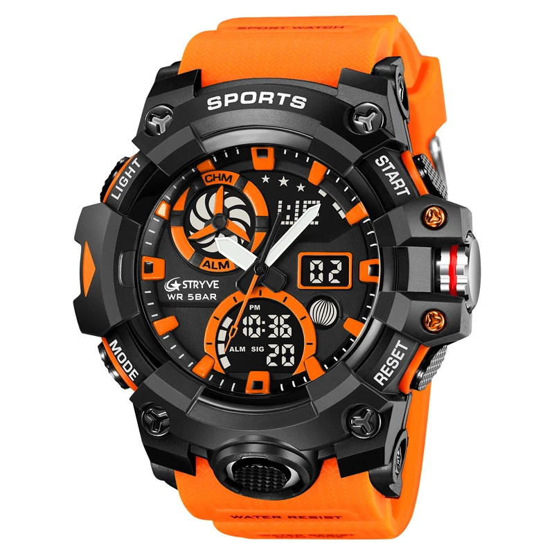 STRYVE Top Brand Electronic Watch For Men Outdoor Sports Waterproof Dual Time Display Quartz Wristwatches Rubber reloj hombre 6