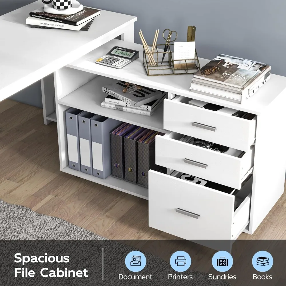 Computer Desk L Shaped, with 3 Drawers and 2 Shelves, Writing Office Table with Storage File Cabinet,with Wheels for Home Office 3