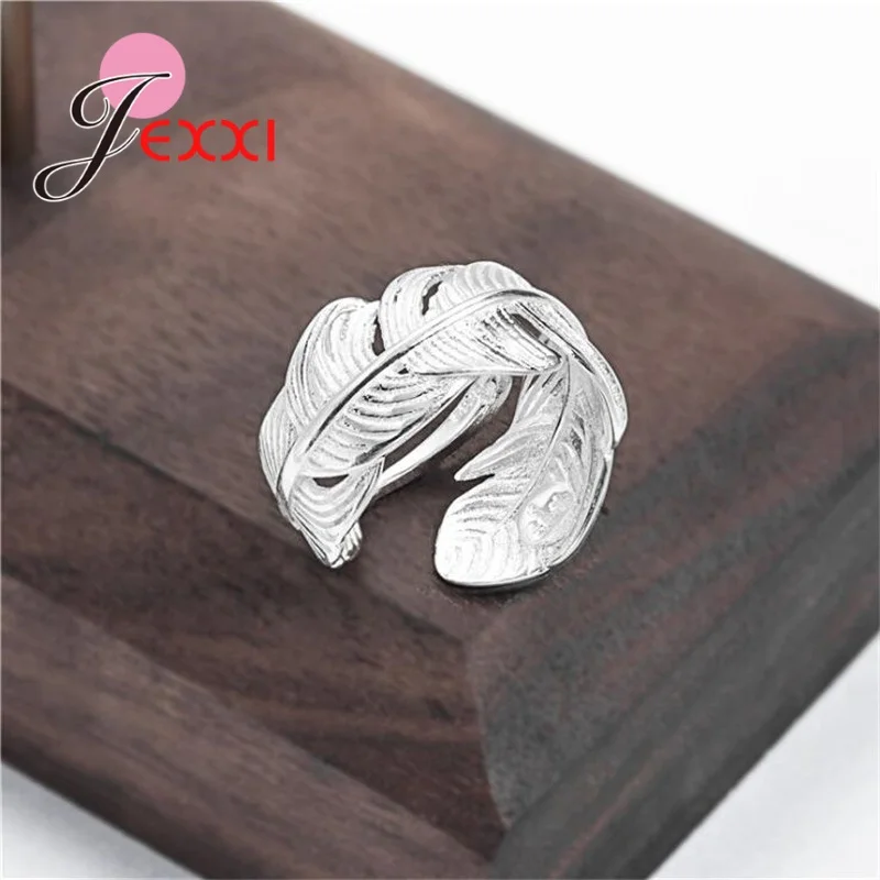 Silver Ring 925 Sterling Silver Feather Shape Open Finger Rings For Women Crystal Jewelry Christmas Gift Adjustable