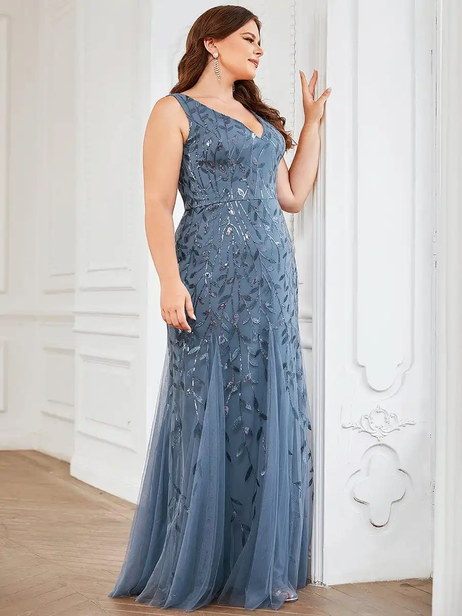 Plus Size Sleeveless Cocktail Dress V Neck Back Mermaid Party Prom Gowns Tulle Sequins Full estidoes Women cocktail dress