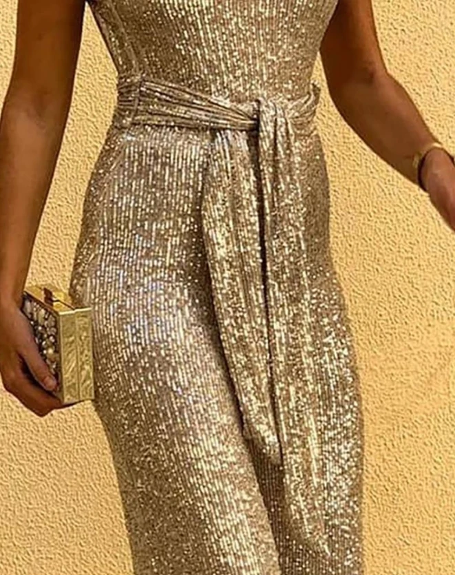 Sparkling Round Neckline Sleeveless Sequin Jumpsuit, A New Hot Selling Long Pants with Elegant Temperament, Lace Up and Backless