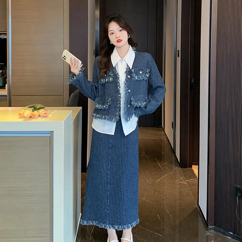 Korean Women Spring Autumn Blue Jacket White Shirts Skirts Matching Sets Lady Graceful Slim Coat Zipper Blouse A-Line Skirt Suit blouses aztec geometric lace up twist blouse in blue size l m s xl