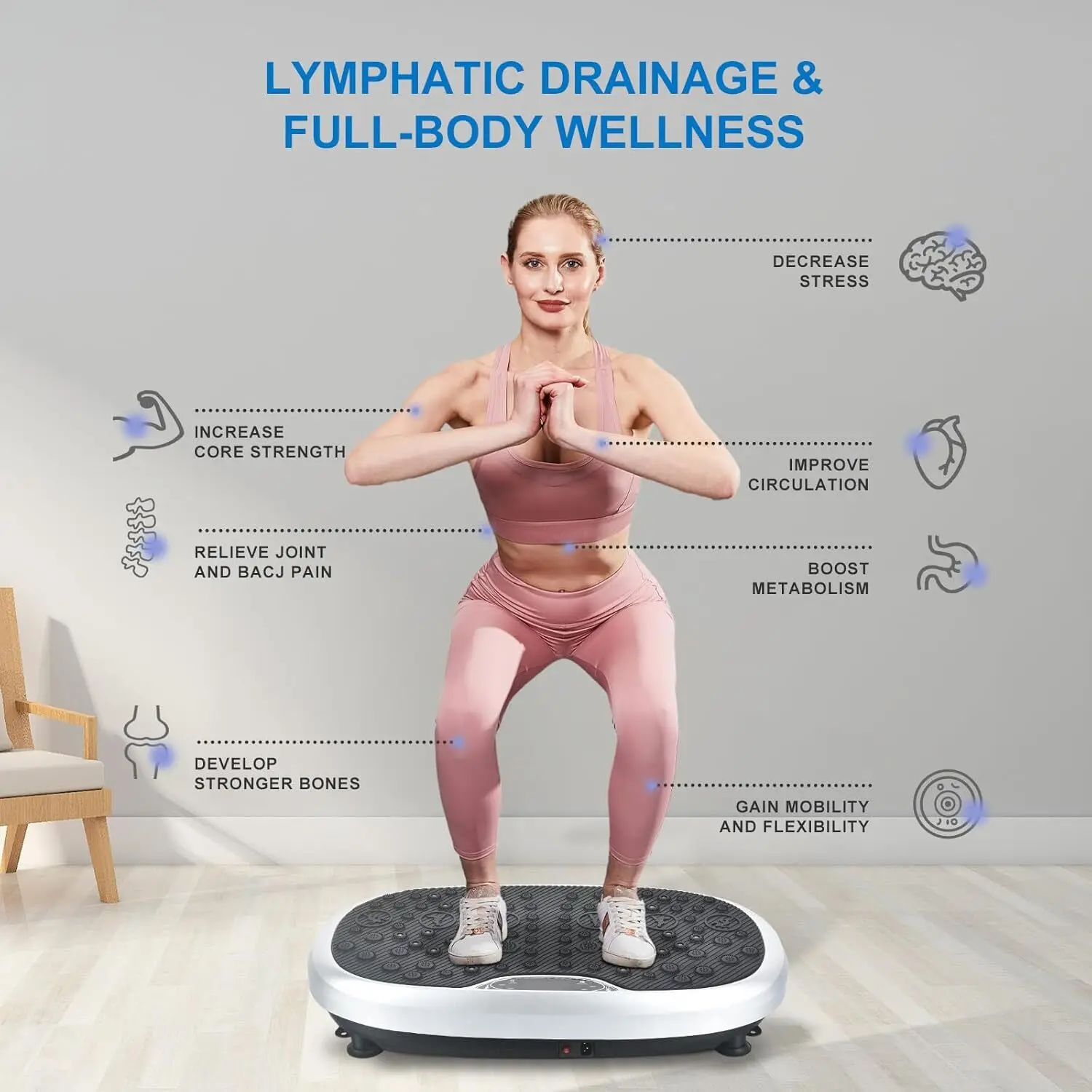 Vibration Plate Exercise Machine-Whole Body Workout Vibration Platform w/Loop Bands-Lymphatic Drainage