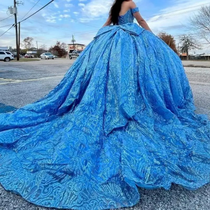 

Мексиканские блестящие платья Quinceanera с открытыми плечами и бантом, милое 16-летнее платье для выпускного вечера для девушек, женское платье на день рождения, модель 15