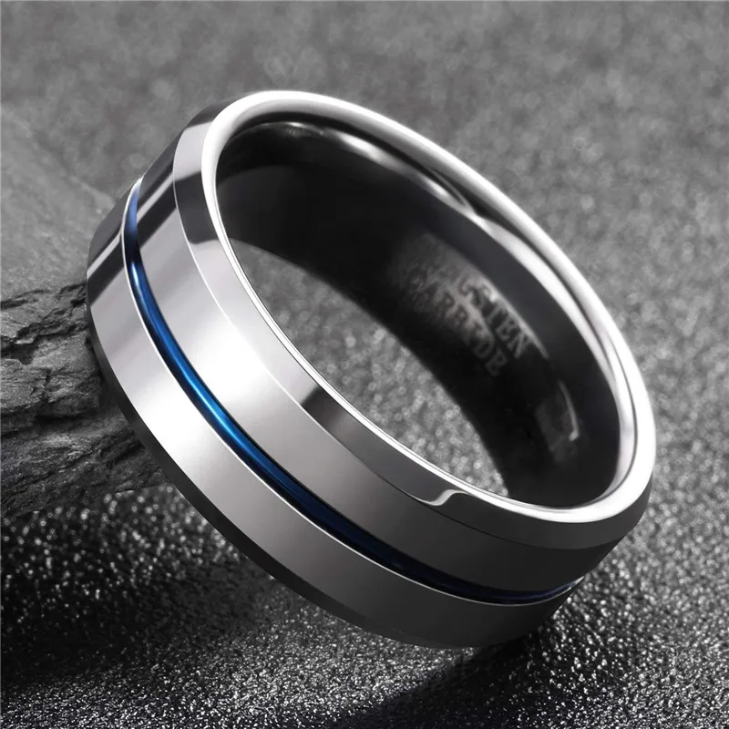 Tigrade Men Rings 8mm Tungsten Wedding Band Silver Color with Blue/Gray Line Stylish Male anillos hombre Anniversary Ring 2