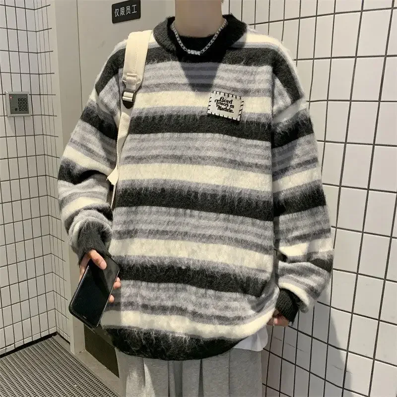 Korean sweater furry round neck men's winter striped contrast color loose versatile trendy brand sweater couple sweater y2k tops