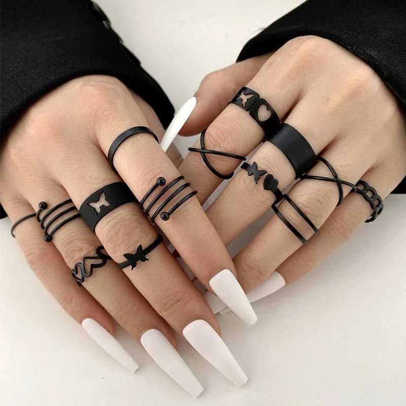 16Pcs/set Punk Finger Rings Minimalist Smooth Gold Color Black Geometric Metal Rings for Women Girls 2022 Trendy Party Jewelry 2