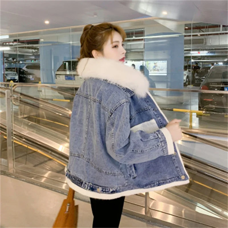 Fashion Big Wool Collar Plus Velvet Denim Women Autumn Winter 2022 New Korean Version of Thick Stitching Cotton Coat Female Coat