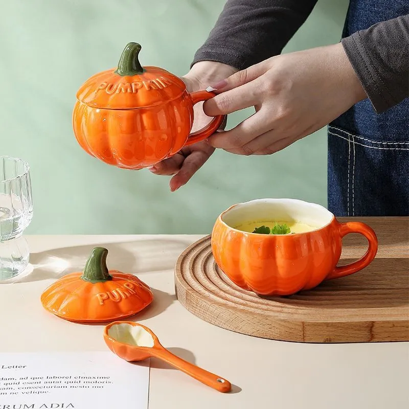Tasse En Céramique Citrouille Avec Couvercle Et Cuillère – Mignon Mug Halloween Pour Café Ou Lait