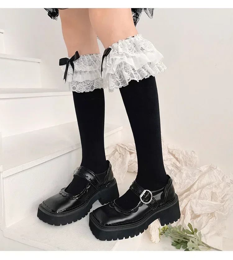 Mädchen Lolita Strümpfe Y2k Rüschen Lange Socken Strümpfe Japanischer Stil Kawaii Schleife Niedliche Spitzenarbeit Kniestrümpfe Strümpfe – Detail 8