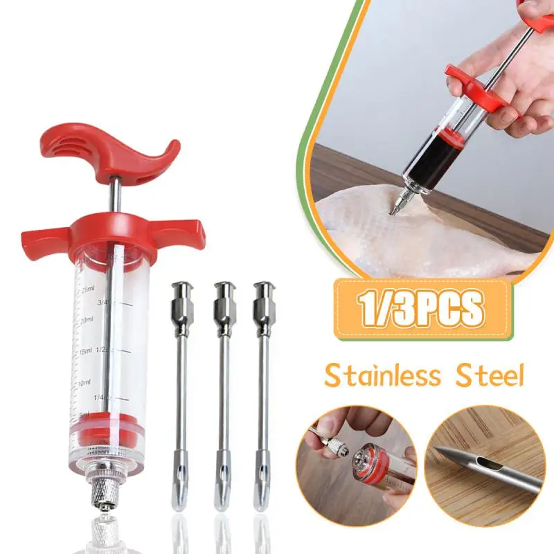BBQ Sauce Injector New Flavor Needle BBQ Meat Syringe Marinade Kitchen Cooking Pork Steak Meat Sauces With 3 Stainless Steel Needles Kitchen Tools