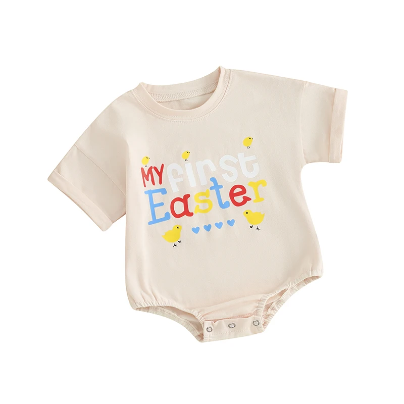 

Infant Baby Girl Easter Jumpsuit Letter Bunny Ear Egg Print Round Neck Short Sleeve T-Shirt Outfit Romper