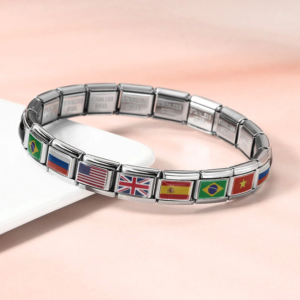 Y2K Elastische italienische Charms Link Fit 9mm Armbänder Edelstahl Bunte Welt Nationalflagge Herstellung DIY Schmuck Zubehör – Detail 2