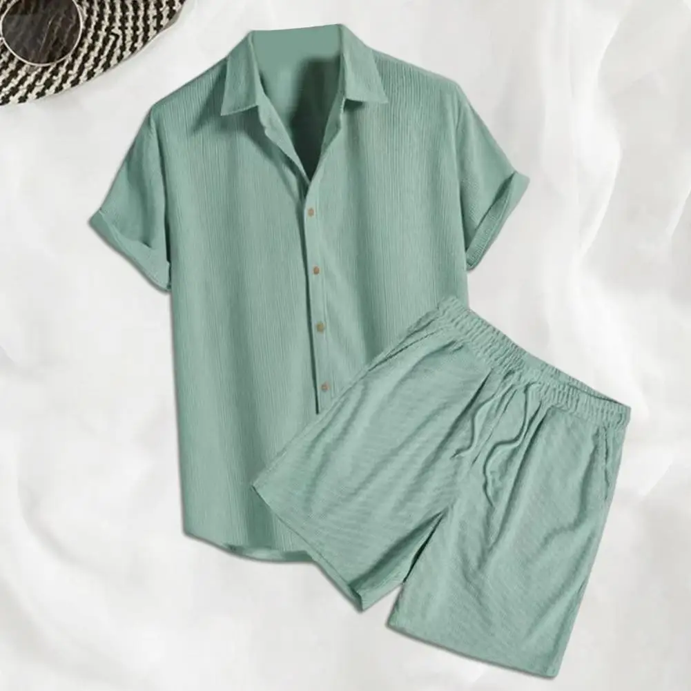 

Men Short-sleeved Suit Men's Casual Lapel Shirt Elastic Waist Shorts Set with Adjustable Drawstring Solid Color for Summer