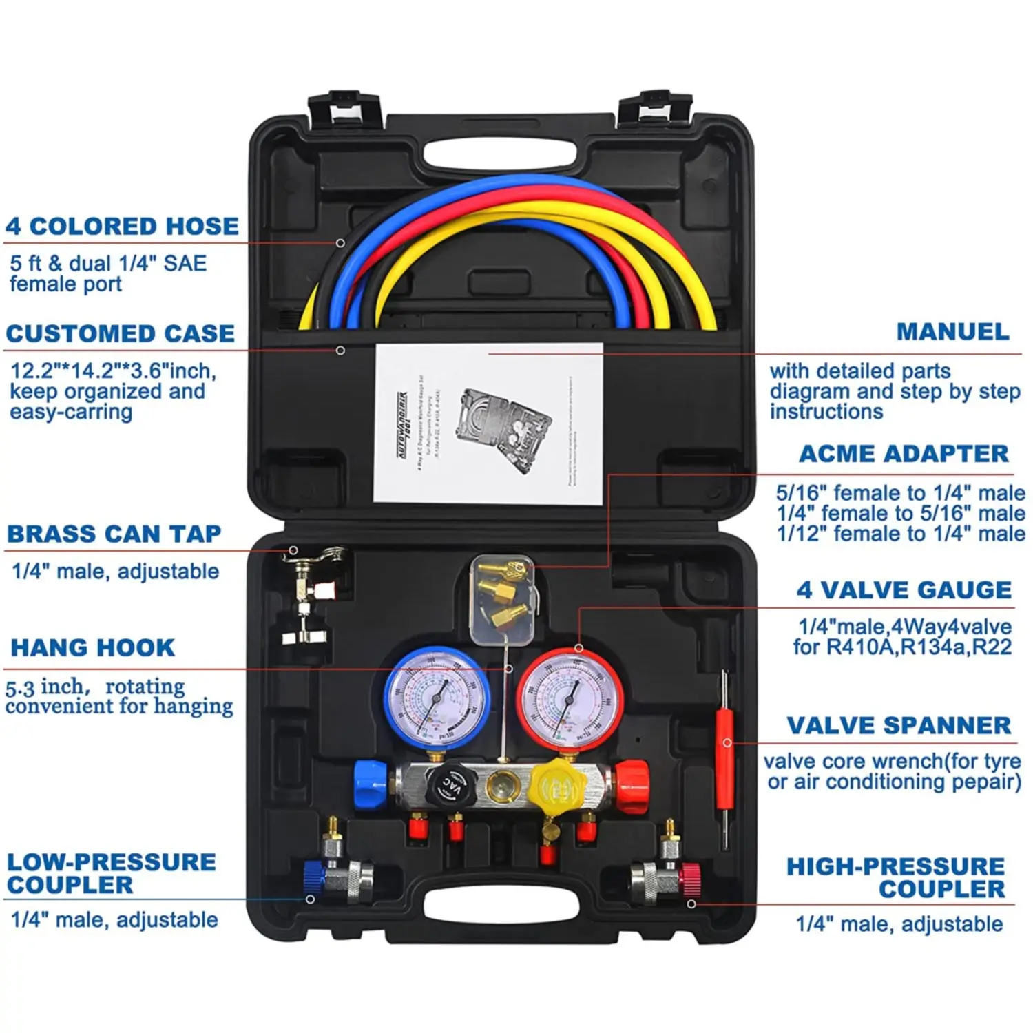 2022 r134a Klimaanlage 4-Wege-A/C-Verteiler messgerät  HVAC-Diagnose-Freon-Lade werkzeug mit Lades ch lauch für r22 r410a 5ft