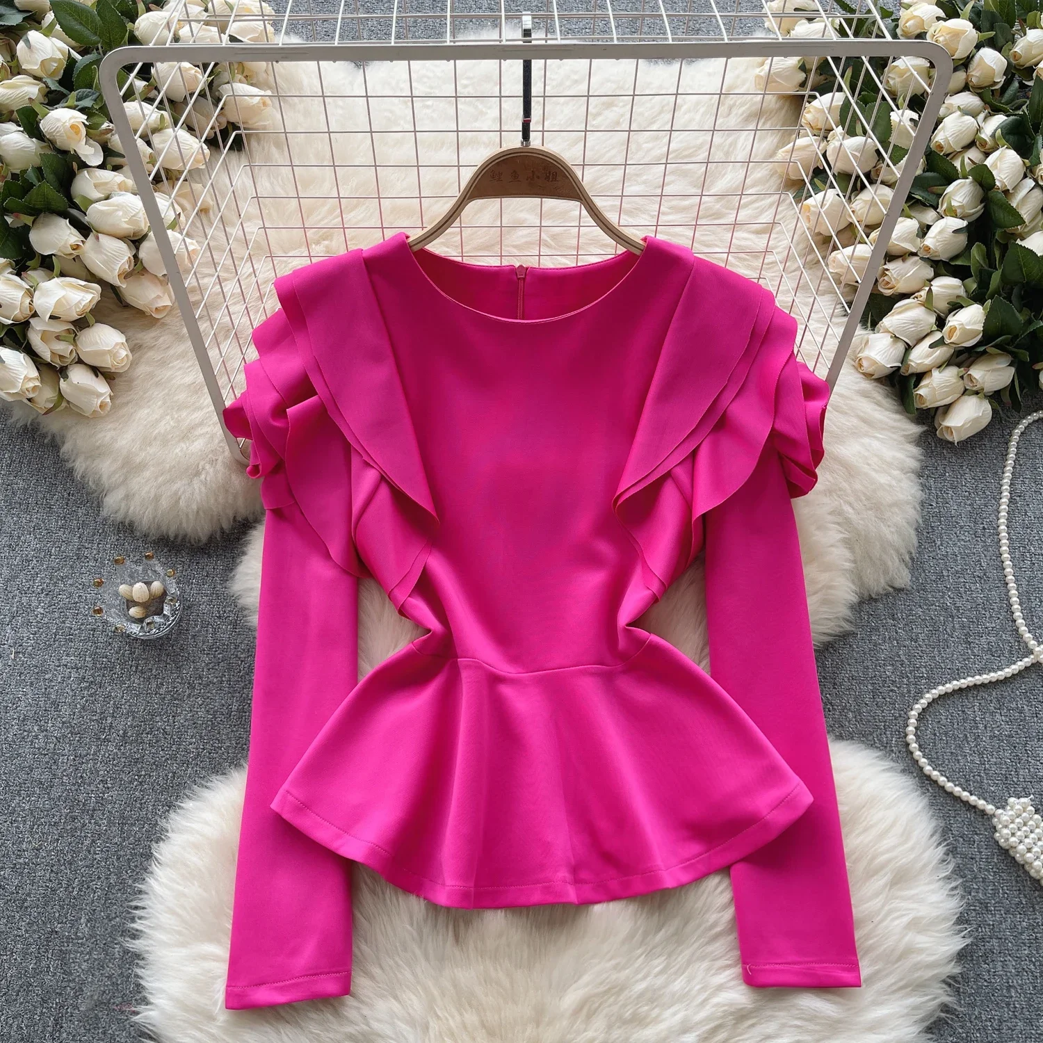 

Chic Sweet Ruffle Long Sleeve O Neck Blouse Elegant French Fashion Sexy Shirt Spring Autumn Women Top