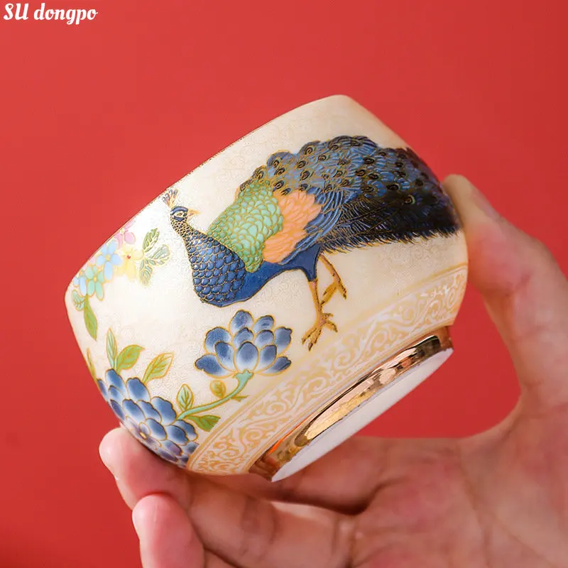 

Peacock White Jade Teacup Chinese Style Dragon and Phoenix Kung Fu Small Teacup Tea Set Single Personal Master Cup High Quality