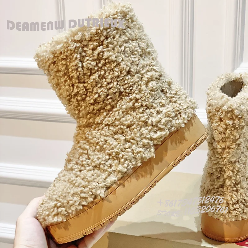 

Lamb Wool Platform Plush Snow Boots Winter Women Warmth Black Suede Calf Booties Light Brown Slip On Casual Pleated Winter Shoes