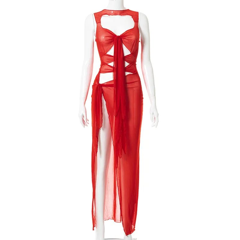 Vestidos ajustados sexis para fiesta y club para mujer, ropa de verano 2025, vestido de malla con cordones y corte liso, ropa de calle femenina