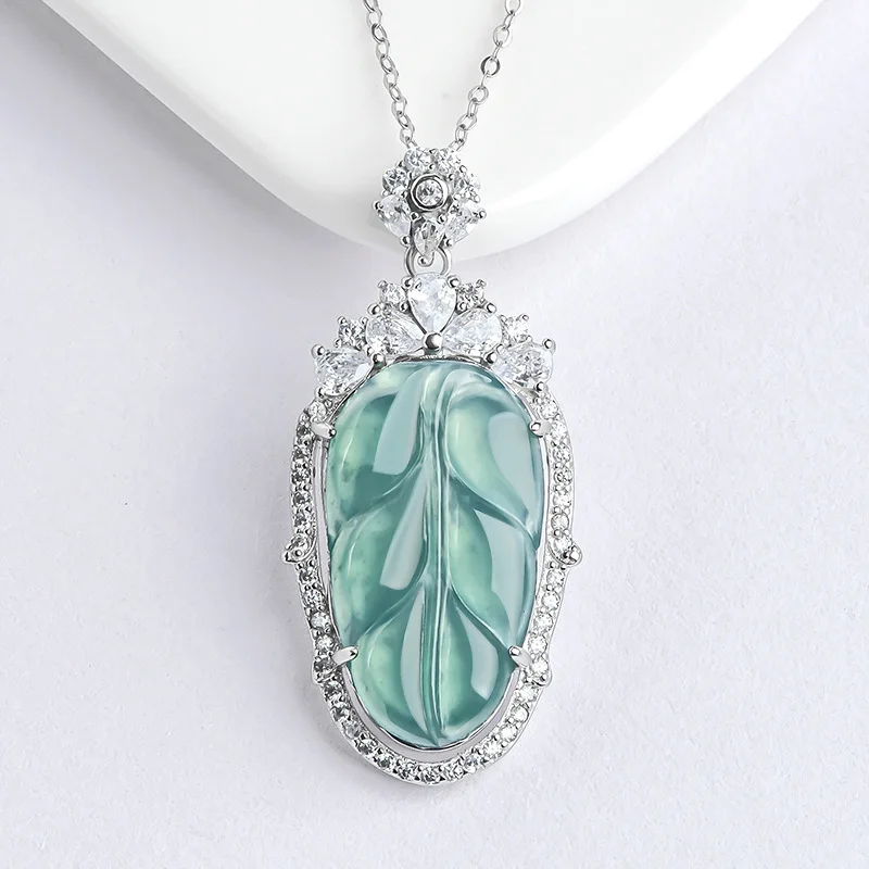

Natural A Jade Blue Water Leaves S925 Silver Inlaid With Ice Seed Jadeite Pendant Jewelry Women's Charms Drop Shipping
