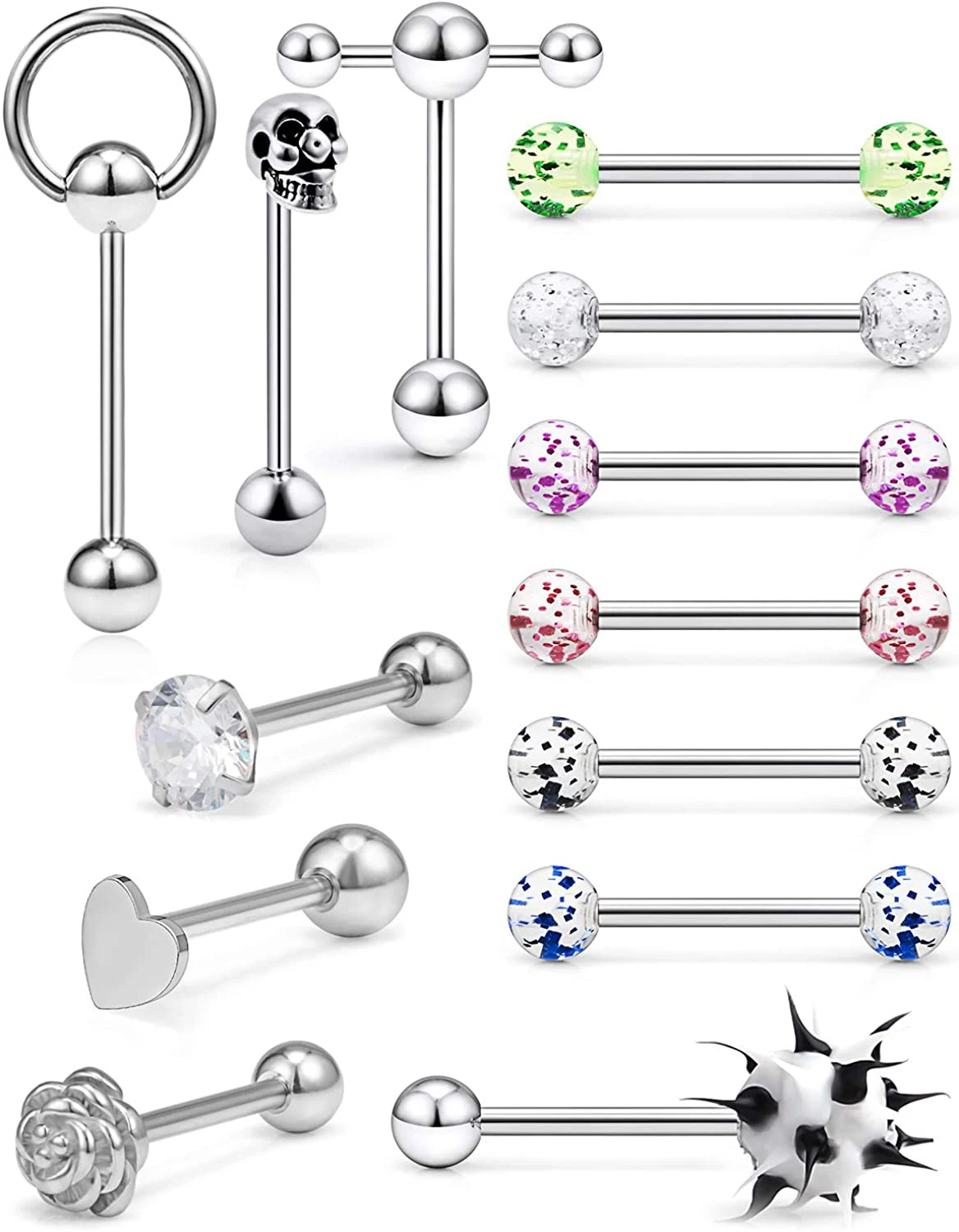 One Set Stainless Steel Heart Tongue Piercing Barbell Set Tongue Rings Hoop Bulk Nipple Barbell Pack Tongue Bar Piercing Lengua