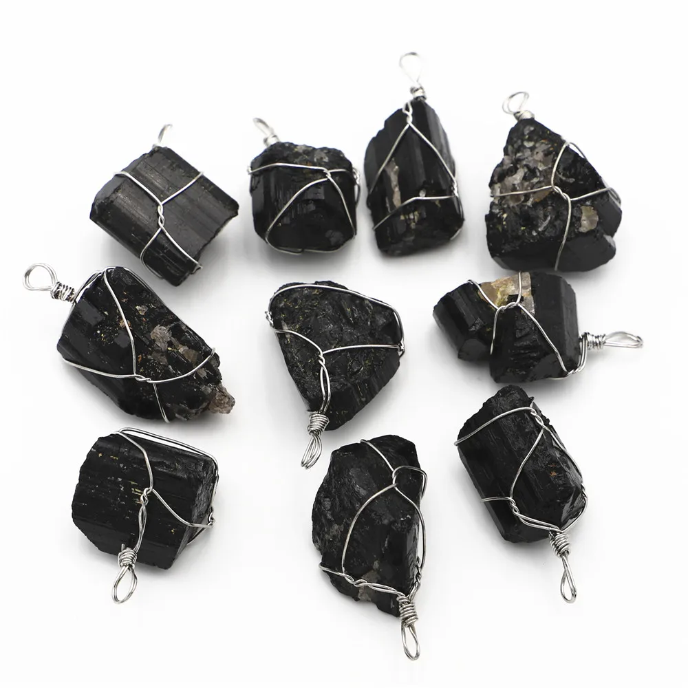 Natural Black Tourmaline Energy Stone Reiki Pendants Necklace Nunatak Raw Chakra Healing Wire Wrapped Jewelry 10PCS Wholesale