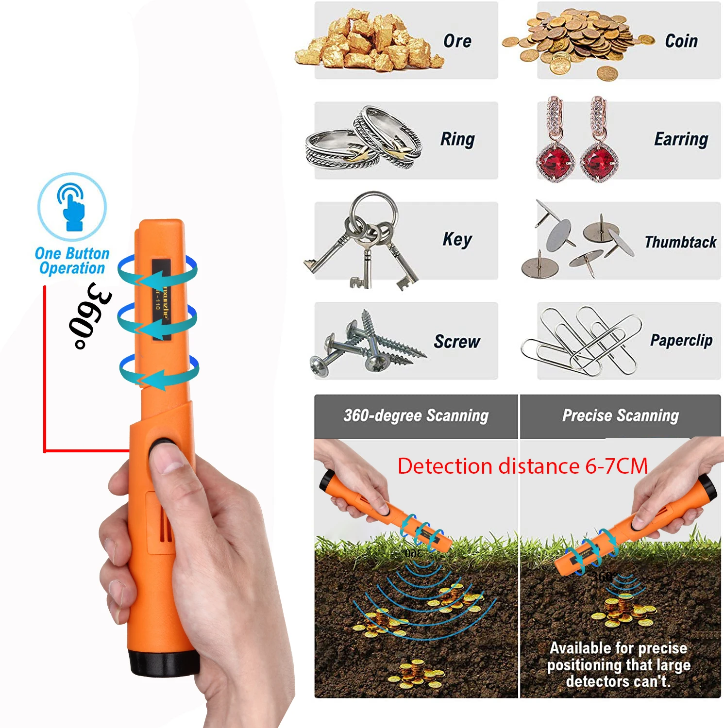 TC 110 Handheld Metal Detector Portable 360 Positioning Rod Detector IP68 Waterproof Pinpoint Sound Vibrate Alarm