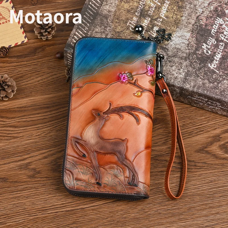 

MOTAORA 2024 New Women Long Wallets Vintage Woman Wallet Genuine Leather Deer Embossed Phone Bag Lady Hand-painted Leather Purse