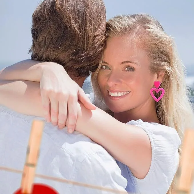 2024 New Y2K Rose Pink Hollow Heart Drop Earrings For Women Korean Sweet Cute Double Love Earring Trendy Girls Jewelry Gifts