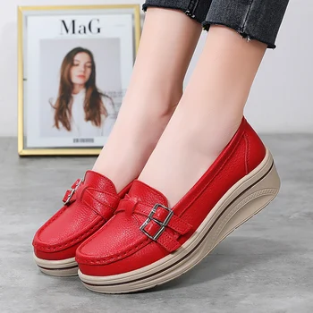 Spring Autumn Women Flats Platform Loafers Ladies Leather Comfort Wedge Moccasins Orthopedic Slip On Casual Shoes plus size