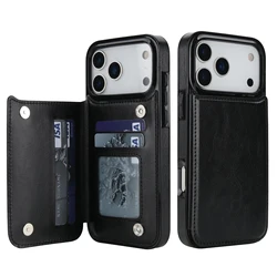 Sleek Solid Color Double Buckle Leather Wallet Case with Card Slot and Magnetic Flip - Shockproof Protective Cover - iPhone 17 e (Black)