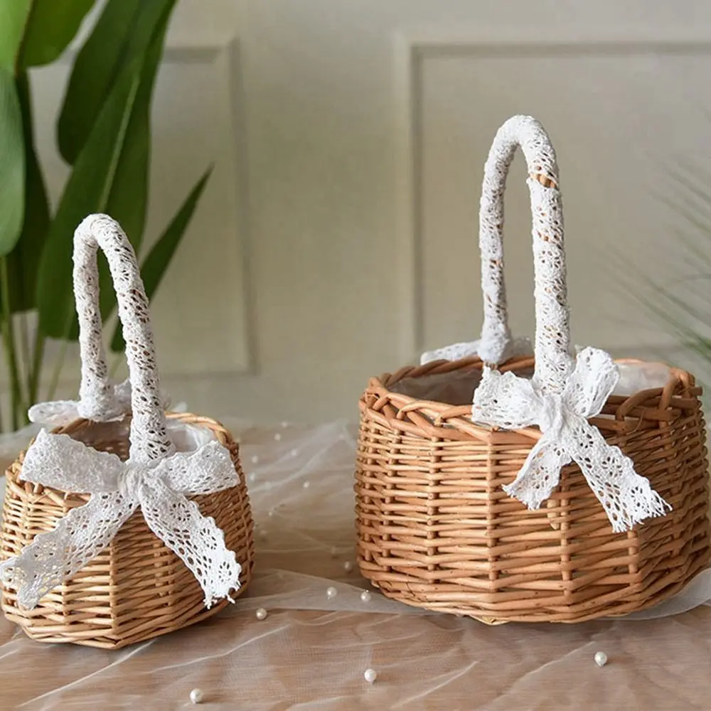 

Rattan Hand-woven Bow Decoration Girl Hand-Held Lace Hand Basket Storage Basket Flower Basket Flower Pot