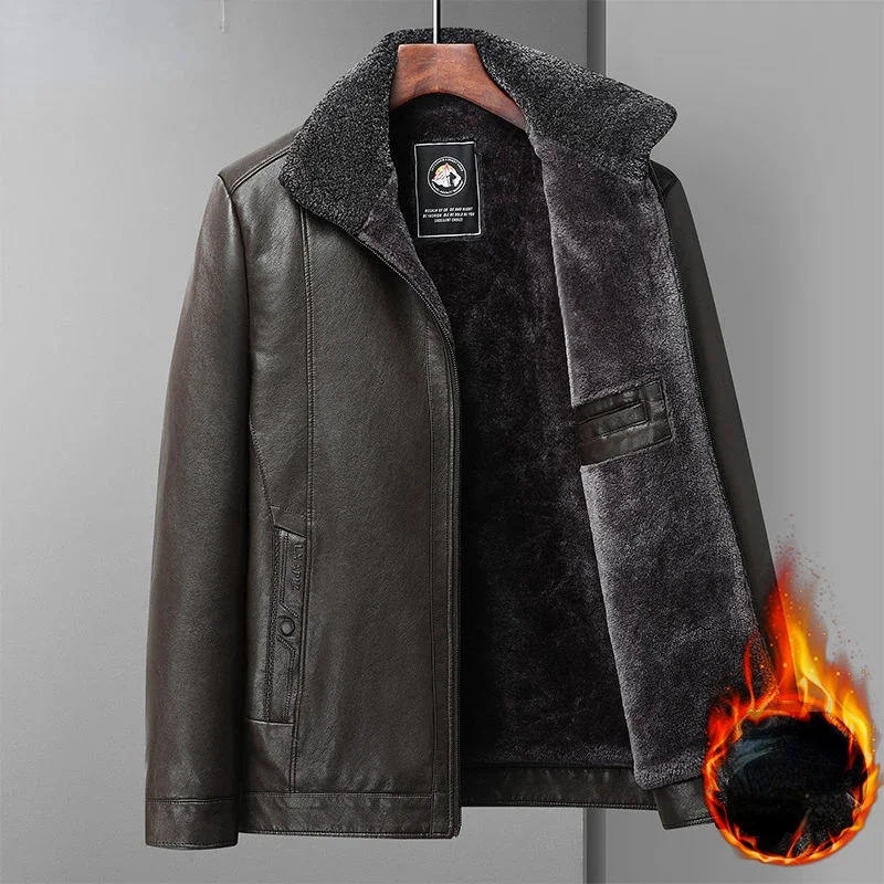 

Autumn Winter Fur Leather Jacket Men Fleece Lined Warm Fluffy Bomber Motorcycle PU Coat Zipper Clothing New