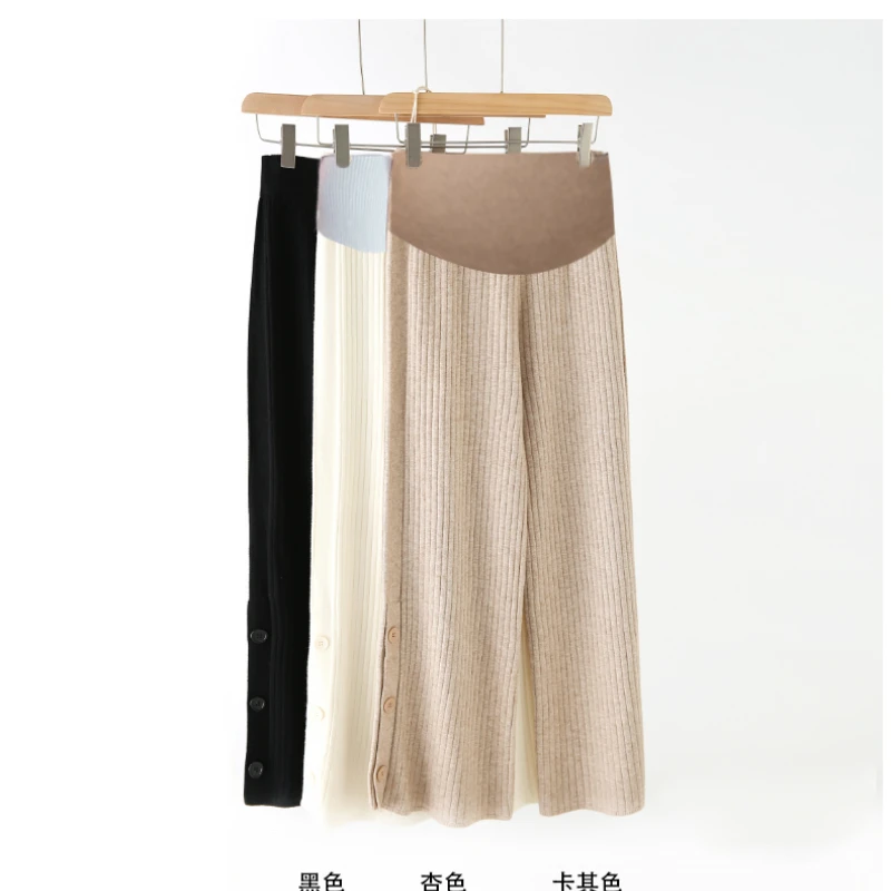 2024 Spring Japanese Style Maternity Woolen Trousers Side Split Button Fly Pregnant Woman Straight Pants Pregnancy Knitted Pants 6