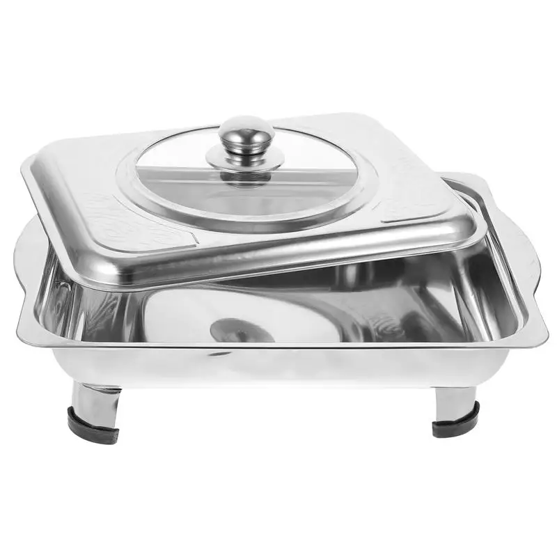 Stainless Steel Buffet Dish Tray Rectangular Canteen Basin Food Warmer Serving Dish With Cover