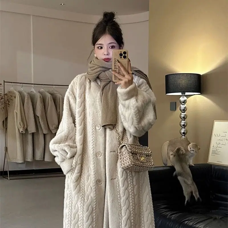 여성용 친환경 모피 코트, 긴 루즈 싱글 브레스트 가디건 스웨터, 분위기 있는 코트, 2023 가을 겨울 신상