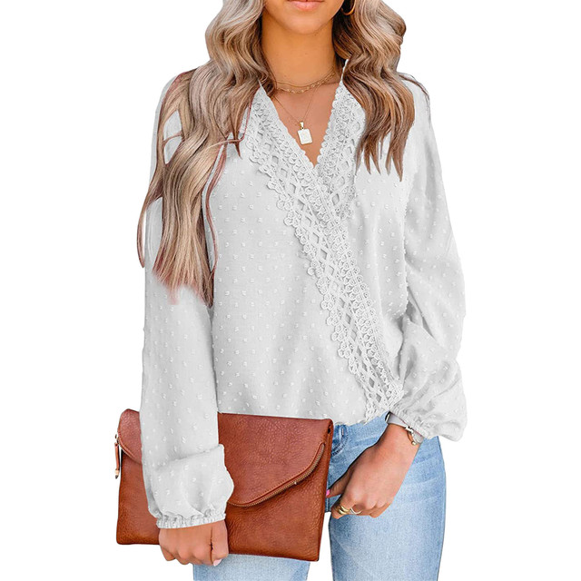 Summer Fashion Top Blouse Casual Chiffon Long Sleeve Top Blouse E;egant V Neck Solid Color Top