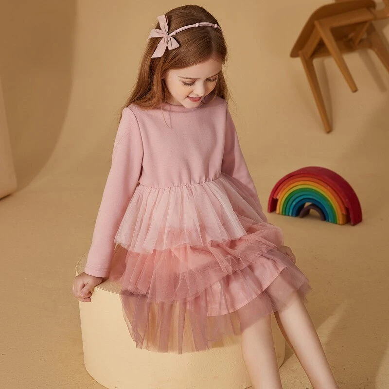 

Children's Clothing Girls Pink Dress 2022 New Spring Mesh Tutu Skirt Long-sleeved Princess Skirt 3 To 12 Years Old Girls Clothes