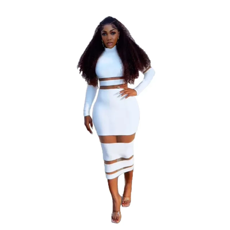 

Sexy mesh stitching high neck and high waist dress