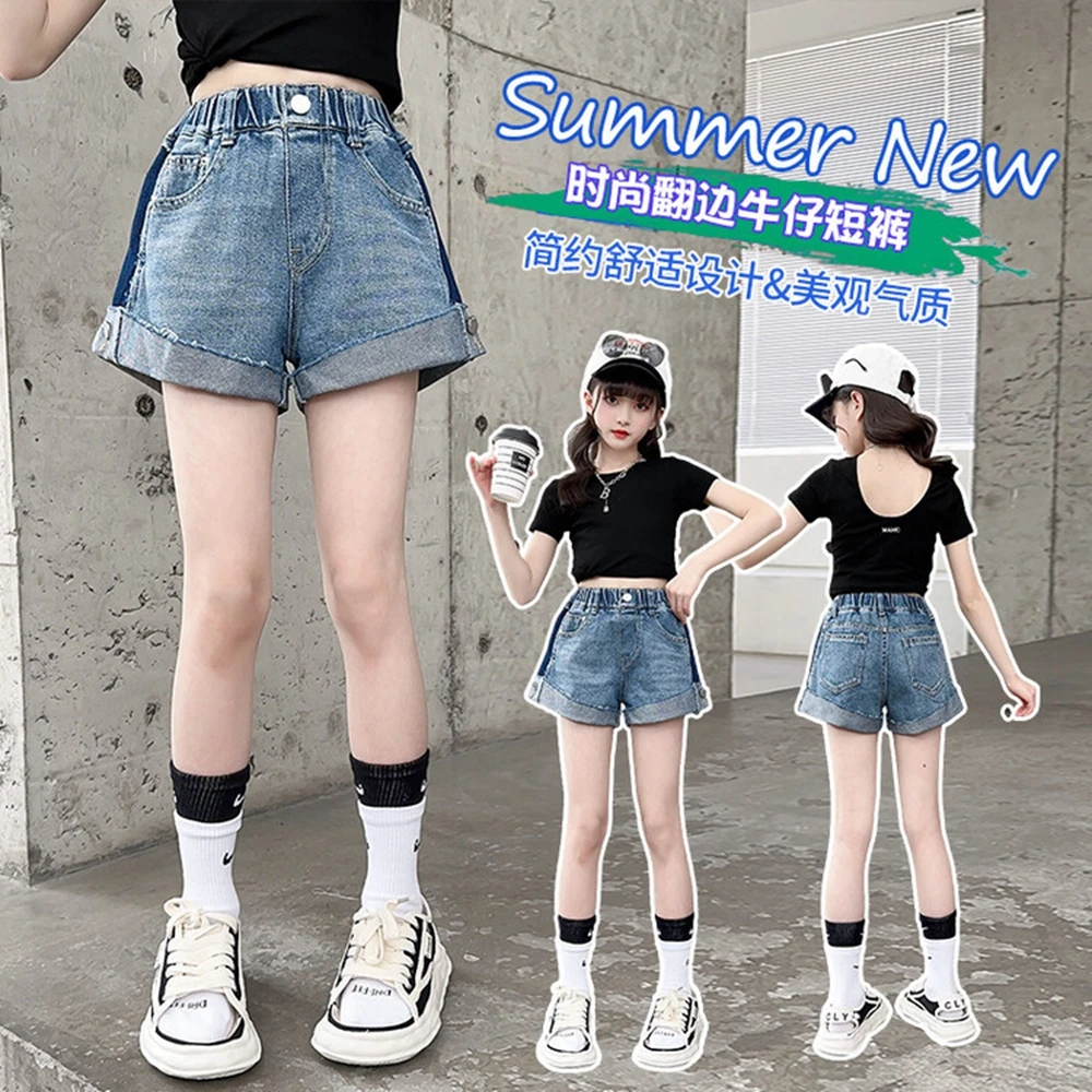 Summer Baby Girls Button Denim Shorts With Pocket Kids Elastic Waits Jean Shorts For Girls Age 5 6 7 8 9 10 11 12 13 14Years Old